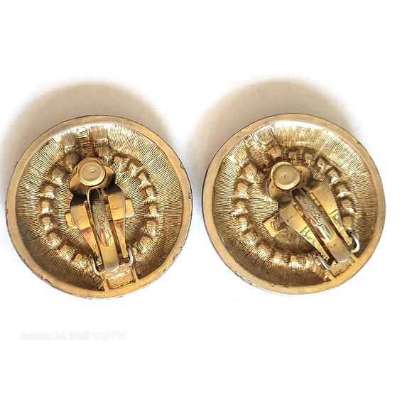 Vintage Whiting & Davis Medallion Gold Mesh Black Enamel Clip Earrings Art Deco - Picture 3 of 4